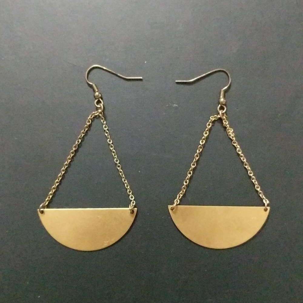 Gold Tone Chain Half Moon Chandelier Dangle Statement Earrings